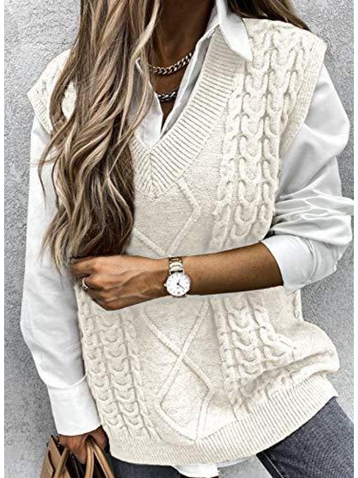 Women's Oversized Solid Color V-Neck Knitted Vest Cable Sleeveless Sweater(S-2XL) 
