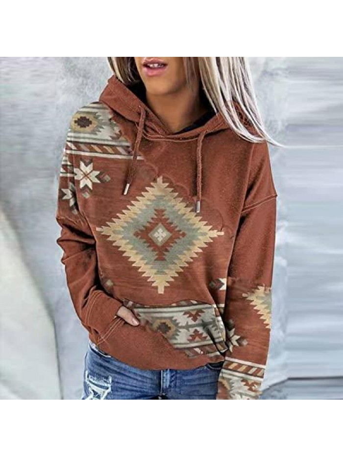 Aztec Hoodie Geometric Print Long Sleeve Western Ethnic Style Hooded Pullover Sweatshirts Tops with Pockets 