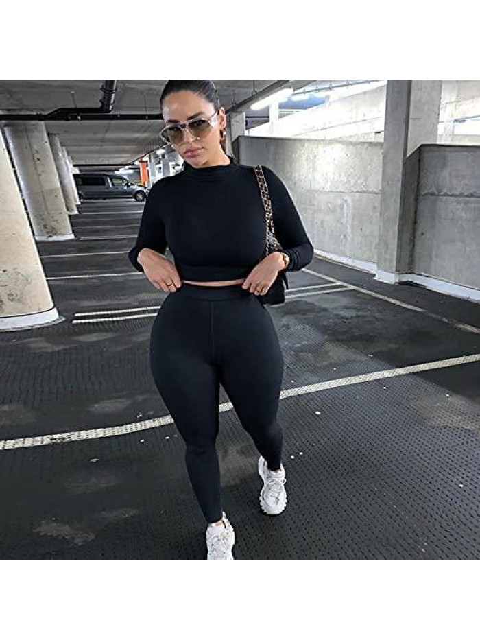 Women Workout Two Piece Outfits Long Sleeve Crop Top Pants Set High Waist Bodycon Tracksuit 