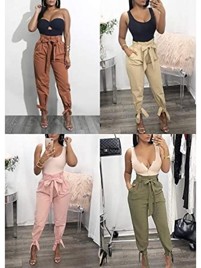Women's Casual Loose Paper Bag Waist Long Pants Trousers with Bow Tie Belt Pockets 