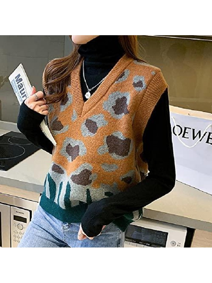 Pullover Sweater Vest Autumn And Winter Loose Knitted Sweater Jumpers V Neck Vintage Leopard Wool Sweaters 