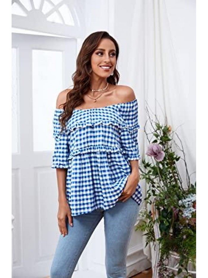 NINOS Womens Tops Crew Neck/Off The Shoulder 2 in 1 Loose Casual Blouse Short Sleeve Plaid Ruffles T-Shirt 