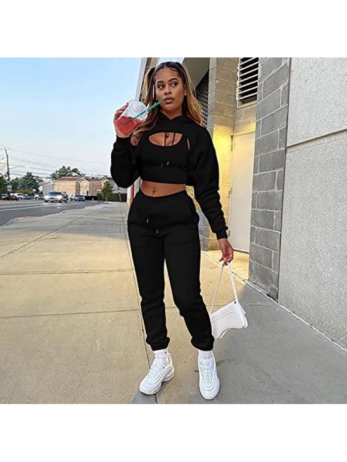 Sexy 3 Piece Tracksuits Fall Long Sleeve Pullover Hoodie + Tank + Jogging Pants Outfits Sweatsuit Workout Sets 