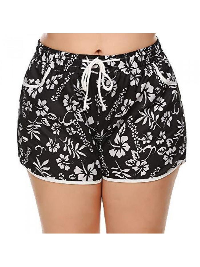 Women's Plus Size Floral Print Beach Shorts with Pockets-Quick Dry Summer Swimmwear Shorts 