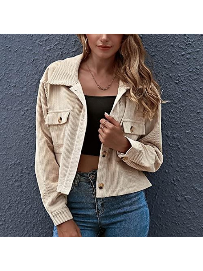 Womens Fashion Cropped Corduroy Plaid Shacket Jacket Button Down Long Sleeve Crop Shirts Jackets Tops 