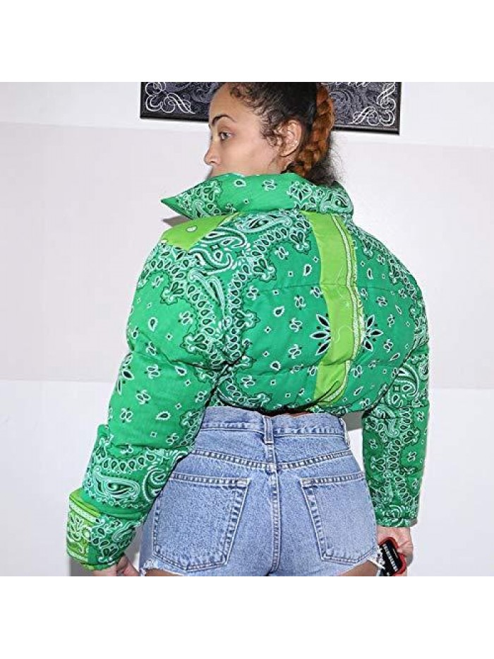 Women's Cute Stand Collar Paisley Quilted Puffer Crop Down Alternative Jacket Coat 