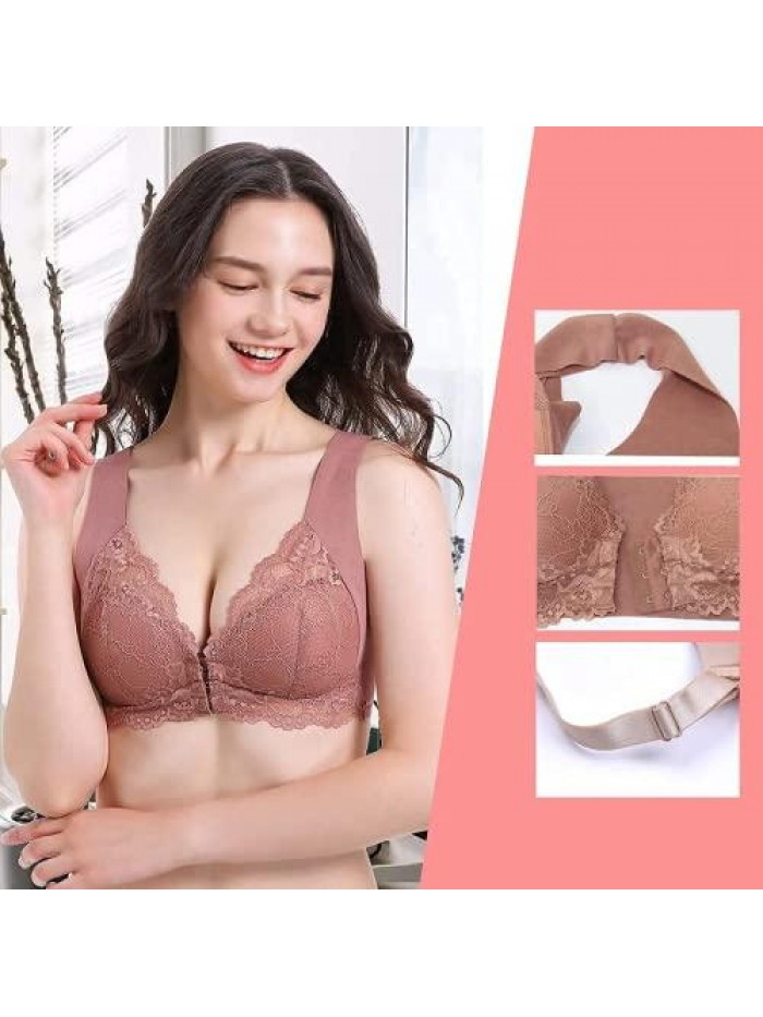 Bra for Older Women Front Closure, 5d Shaping Seamless Front Closure Bra, Women Soft Front Lace Bras 
