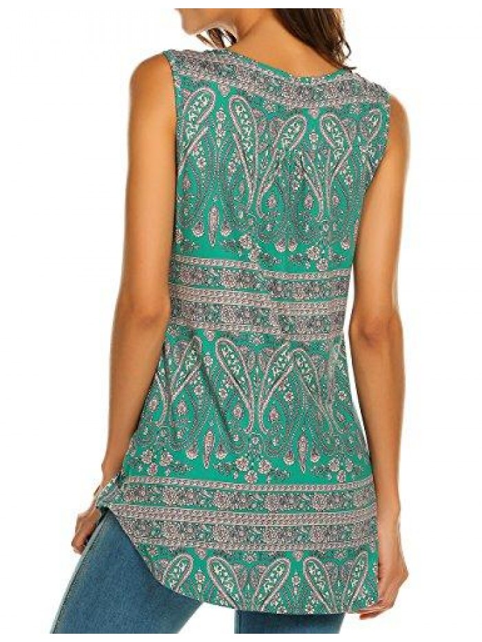 Women's Paisley Printed Pleated Sleeveless Blouse Shirt Casual Flare Tunic Tank Top 