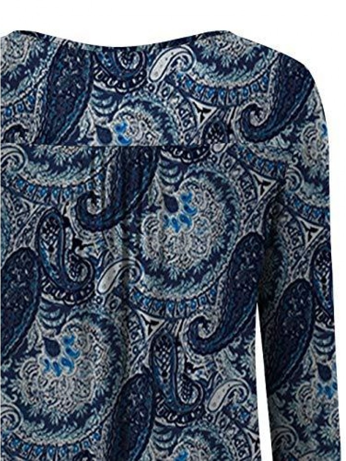 Plus Size Tunic Tops Long Sleeve Casual Floral Printed Henley Shirts for Women 