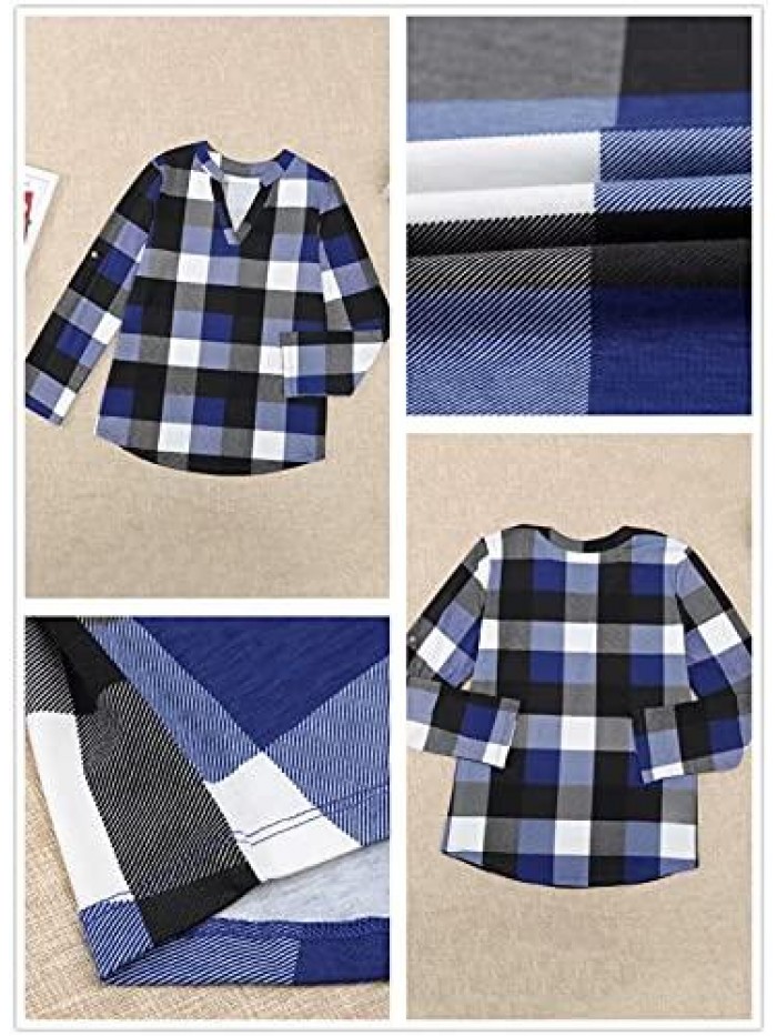 Women's Roll-Up Long Sleeve Plaid Shirt Tops Casual V Neck Pullover Tunic Blouses 