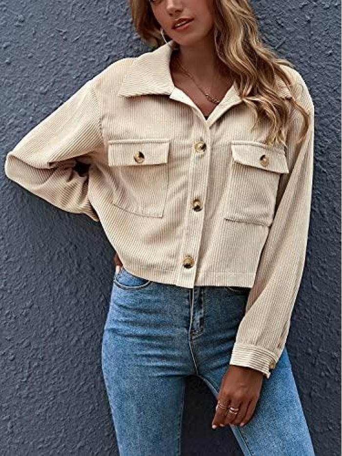 Women's Casual Cropped Corduroy Jackets Button Down Long Sleeve Shirts Jacket With Pockets 