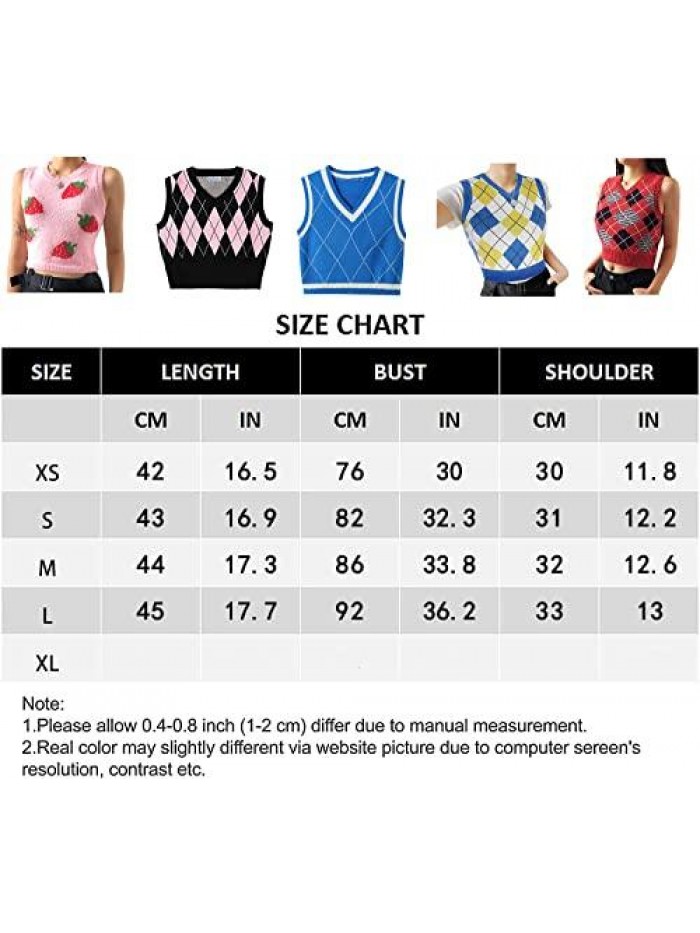 Argyle V Neck Sweater Vest Women - Plaid Pattern & Sleeveless Knit - Crop Top Y2K Streetwear Preppy for Girl 