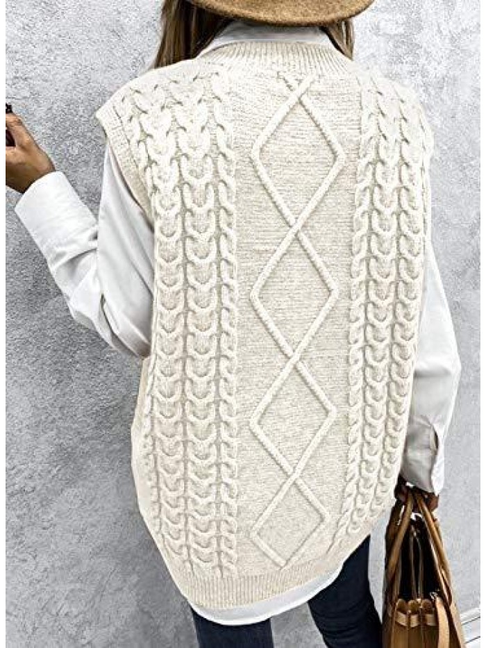 Women's Oversized Solid Color V-Neck Knitted Vest Cable Sleeveless Sweater(S-2XL) 