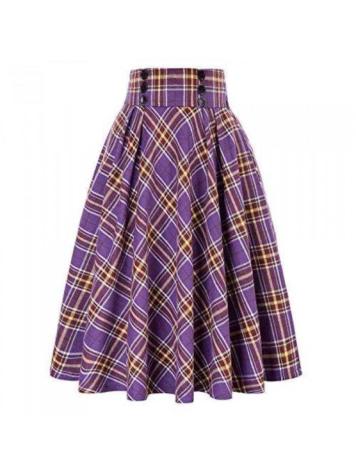 Fashion Long Skirts for Womens Plaid Pleated Skirt Vintage Tartan Midi Swing Skirt with Pockets 