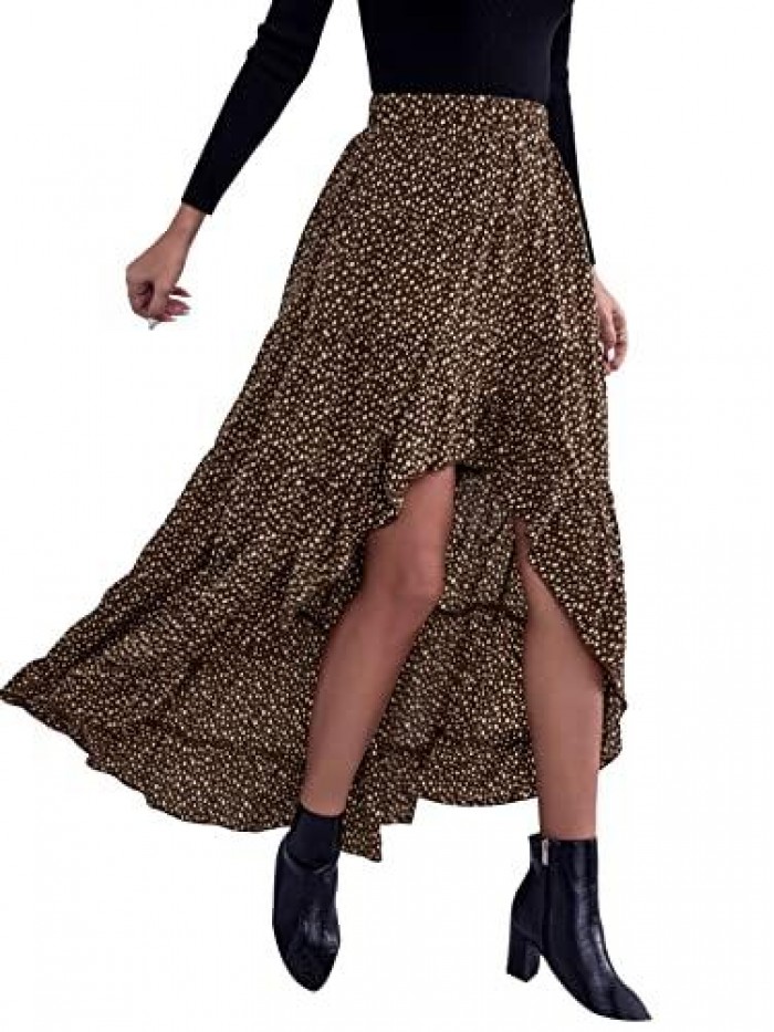 Women's High Waist Floral Print Boho High Low Ruffle Trim Skirt 