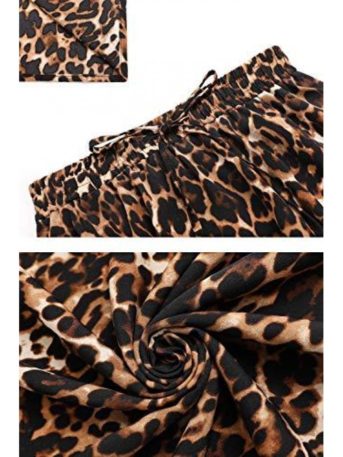 Women Leopard Print Long Skirts Chiffon Summer Beach Pleated Elastic High Waisted Maxi Skirts 