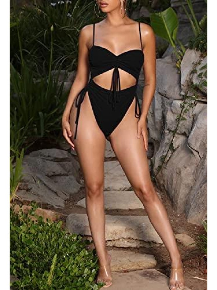 Women's Cut Out Drawstring One Piece Swimsuit Cheeky High Cut Bathing Suit 