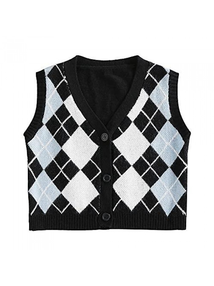 Women's Pullover Argyle Plaid Sweater Vest Houndstooth Knitted Sleeveless Sweater Preppy Style Vintage Knitwear Top 
