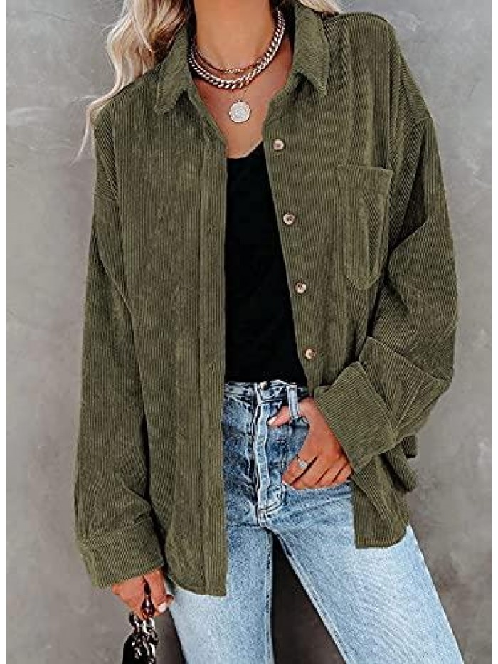 Corduroy Button Down Pocket Shirts Casual Long Sleeve Oversized Blouses Tops 