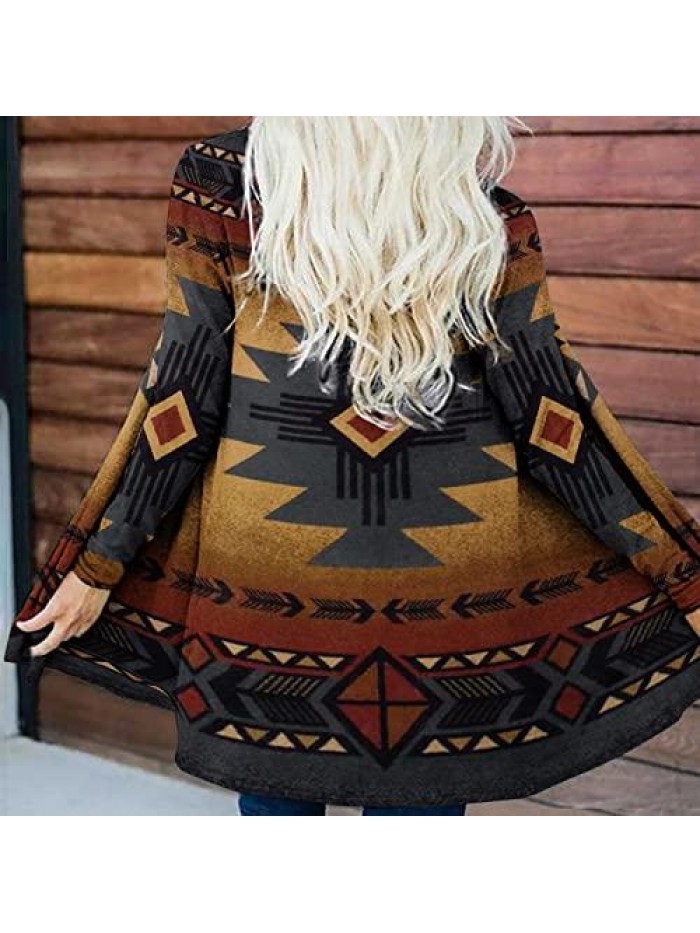Women Aztec Open Front Cardigan Loose Slouchy Sweaters Tribal Long Sleeve Tops Shirts Knit Boho Lightweight Coat 