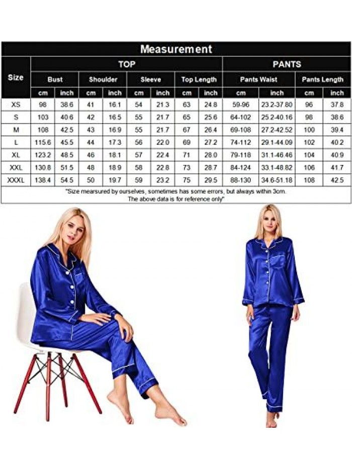 Womens Silk Satin Pajamas Loungewear Two-piece Sleepwear Button-Down Pj Set 