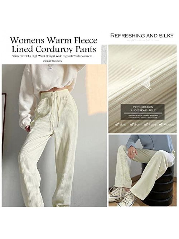 Womens Warm Fleece Lined Corduroy Pants, Winter High Waist Straight Wide Leg Pant Thick Cashmere Casual Trousers 