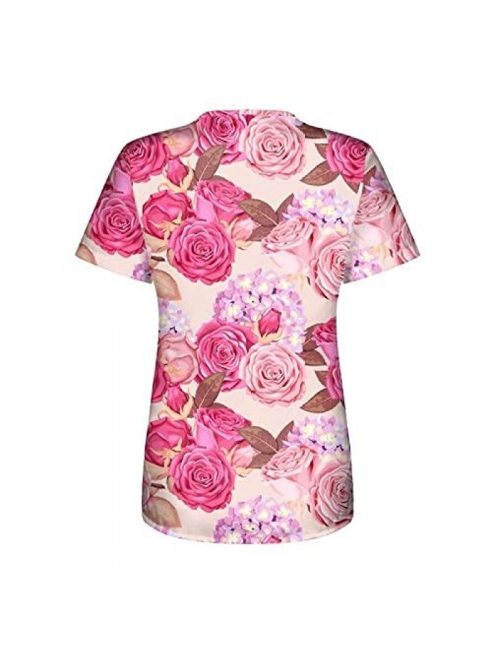 Valentine's Day Blouse for Women Working Uniform T Shirt Love Heart Print V Neck Short Sleeve Tunic Tops with Pockets