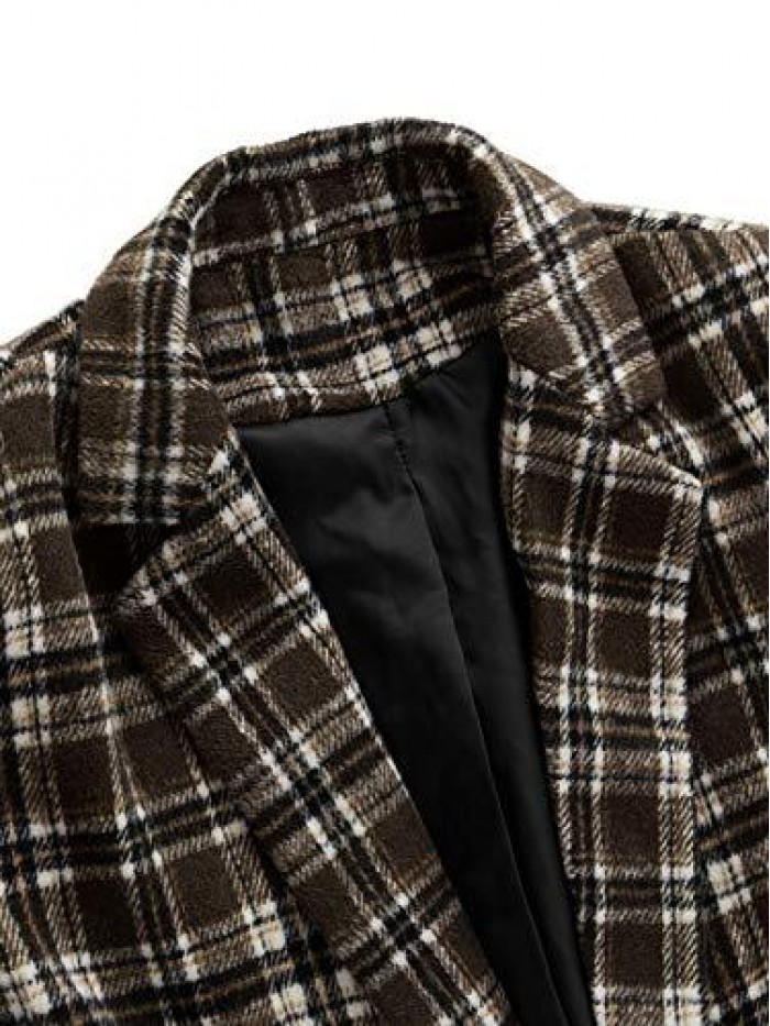 Women's Lapel Collar Coat Long Sleeve Plaid Blazer Outerwear 