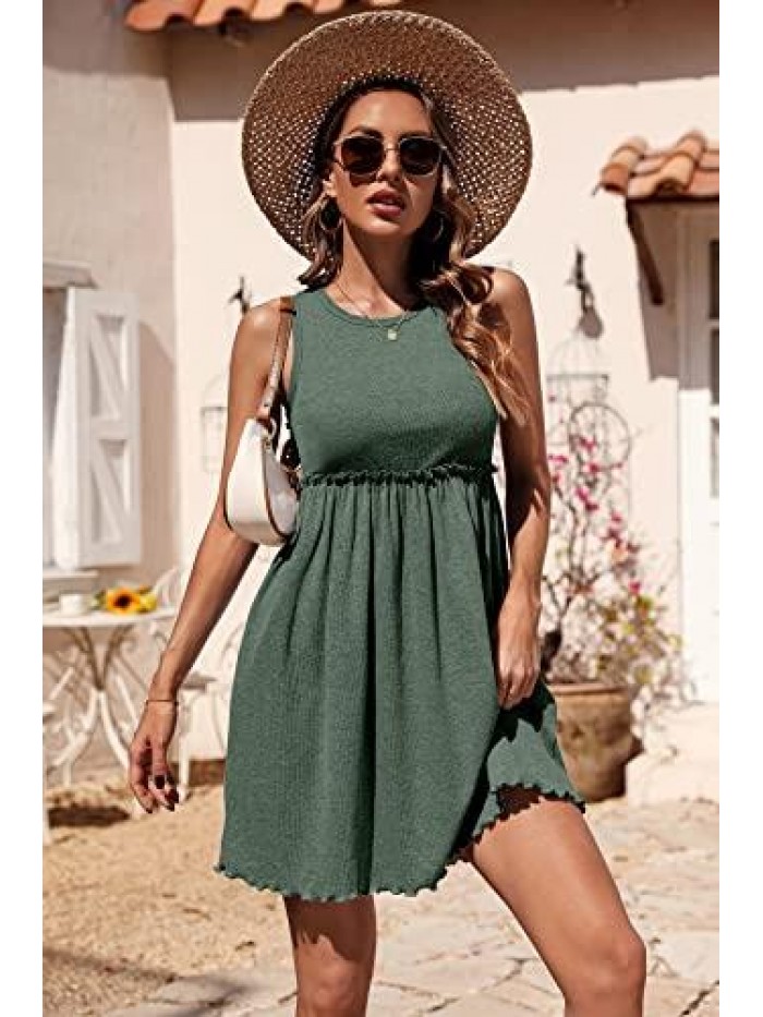 Women Sleeveless Summer Dress Crewneck Ribbed Knit High Waist Cute Ruffle Swing Flowy Beach Sun Mini Tank Short Dresses 