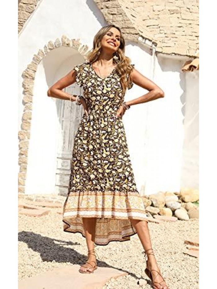 Women's Summer Maxi Dress Casual Floral V Neck Cap Sleeves Boho High Low Flowy Midi Long Sun Dresses 