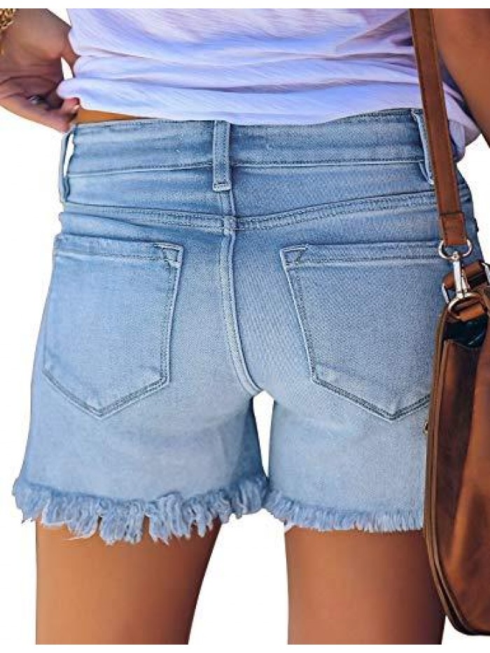 Store Women's Casual High Waist Ripped Frayed Raw Hem Denim Jeans Shorts 