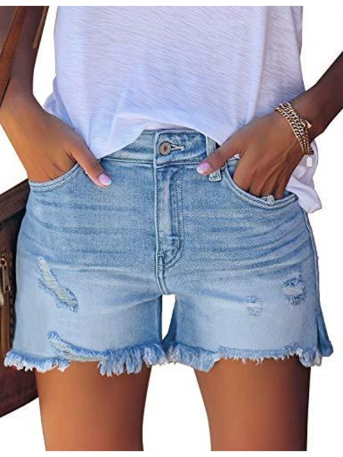 Store Women's Casual High Waist Ripped Frayed Raw Hem Denim Jeans Shorts 
