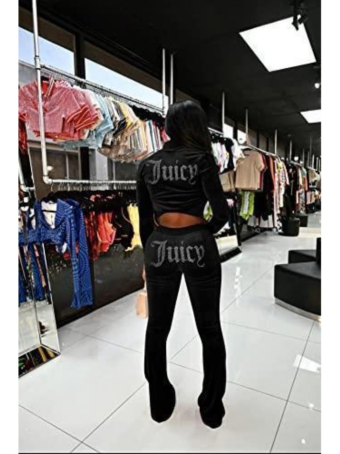 Velour Tracksuit Sets Zipper Crop Hoodies Pants Y2k Two Piece Sweatsuits Outfits 