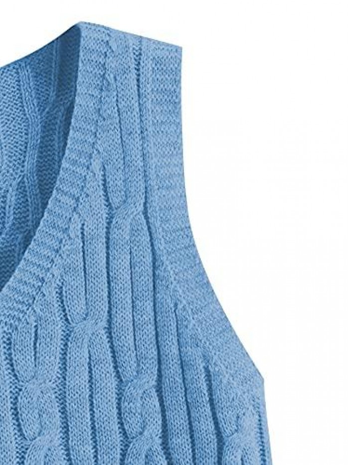 Women's Cable Knit Crop Sweater Vest Preppy Style Sleeveless V Neck Knitwear Tank Tops 