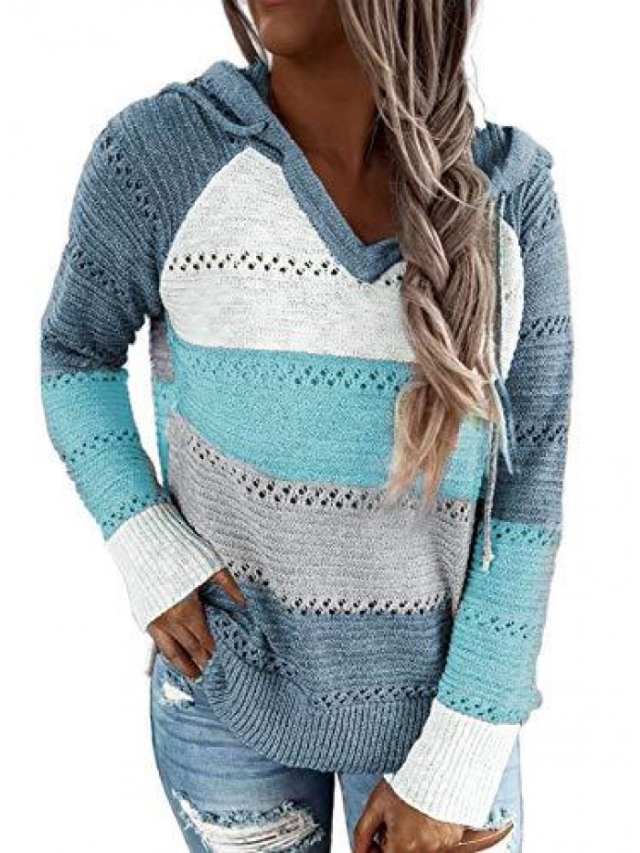 Women's Color Block Knit Hoodies Sweaters Loose Long Sleeve V Neck Drawstring Pullover Sweatshirts(S-3XL) 