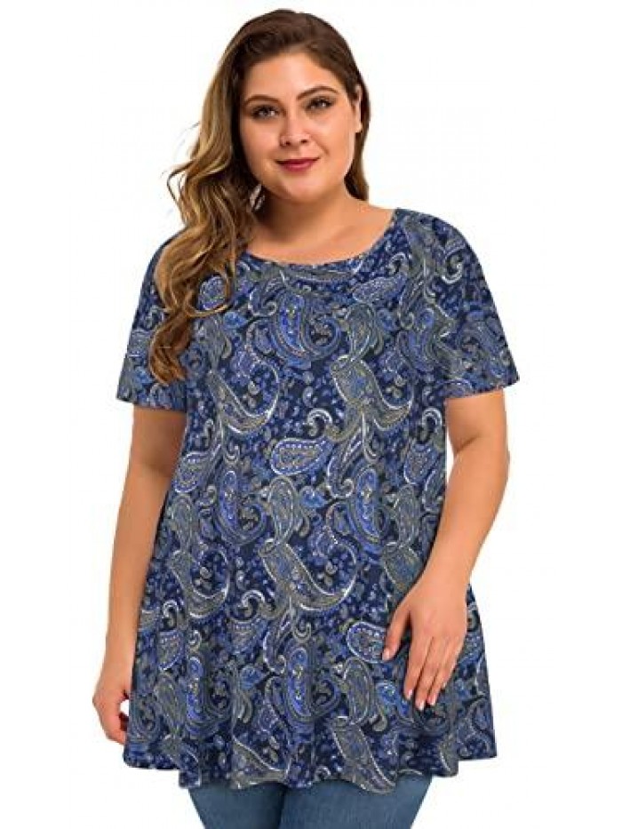 Size Tops for Women Tunic Floral Casual Short Sleeves T Shirts Flowy Blouses 