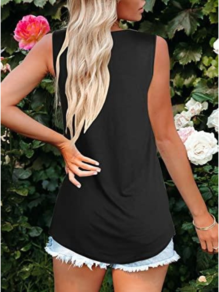 Women Summer Lace Pleated Flowy Tank Tops Loose Casual Sleeveless Tunic Blouse Shirts 