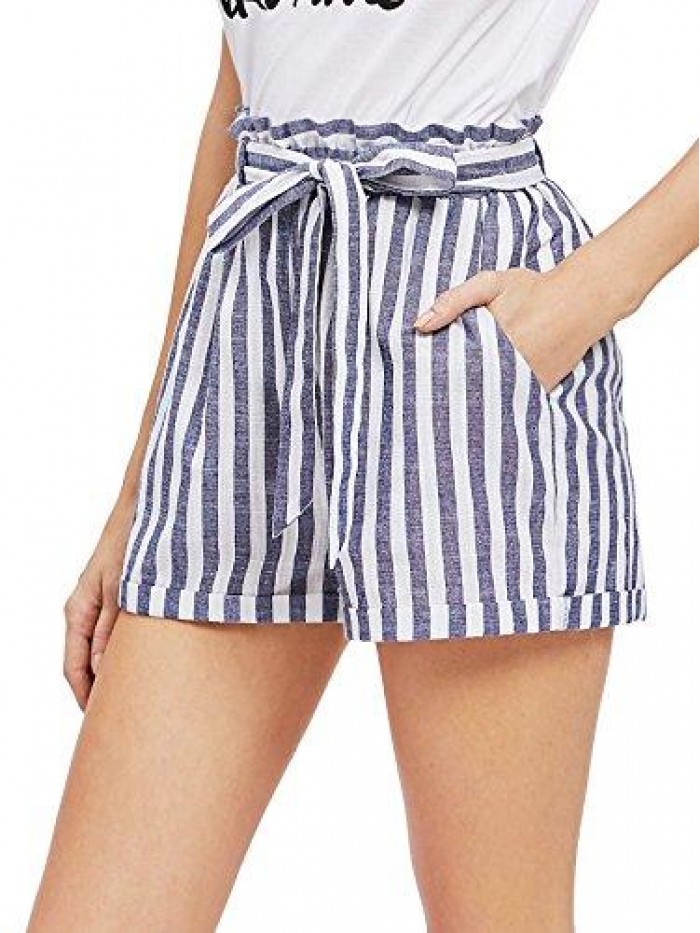 Women's Casual Elastic Waist Striped Summer Beach Shorts 