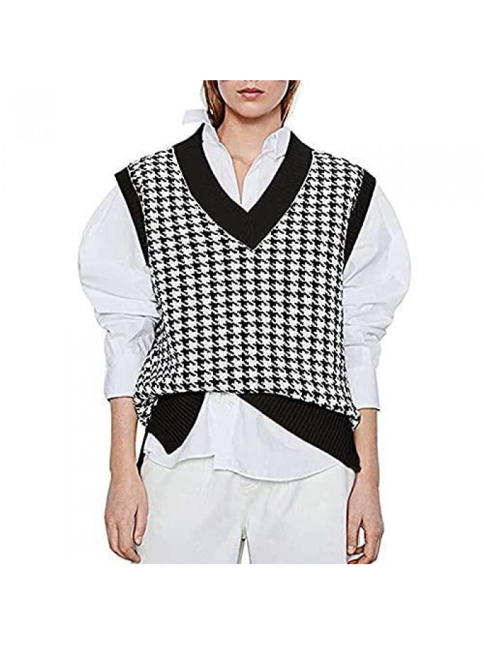 Houndstooth Cropped Sweater Vest with Shirt Trendy V Neck Cable Knit Sleeveless Vest Fashion Vest Pullover Top 