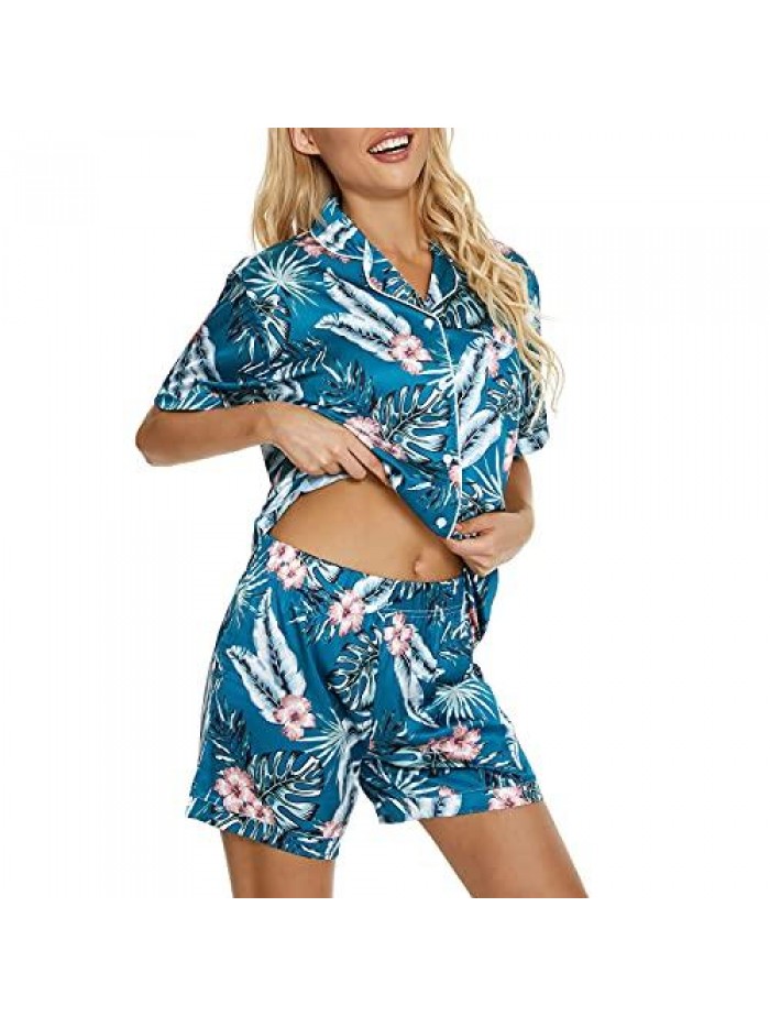 Silk Satin Pajamas Set, Short Sleeve Sleepwear with Shorts Button Down Loungewear Two Piece Pj Sets 
