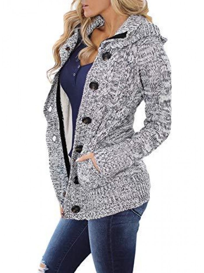 Women Hooded Knit Cardigans Button Cable Sweater Coat 