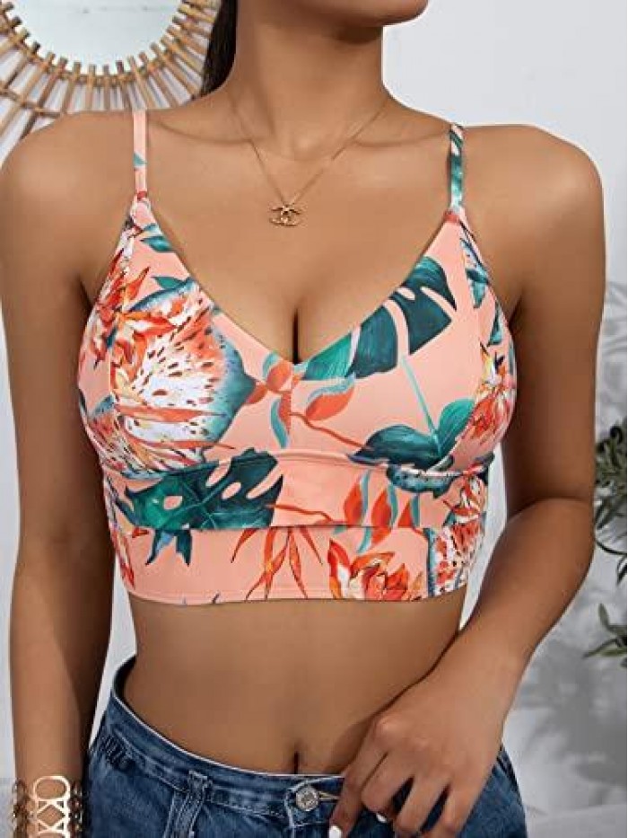Romwe Women's Tropical Floral Print V Neck Tankini Top Bikini Swimsuit Bathing Suit Top