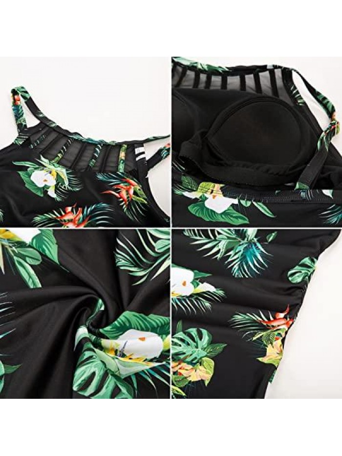 Women's Tankini Swimsuits High Neck Swimwear Top Ruched Tummy Control Floral Print Bathing Suit 