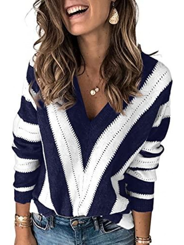 V Neck Long Sleeve Tops for Women Sweaters Striped Knitted Pullover 
