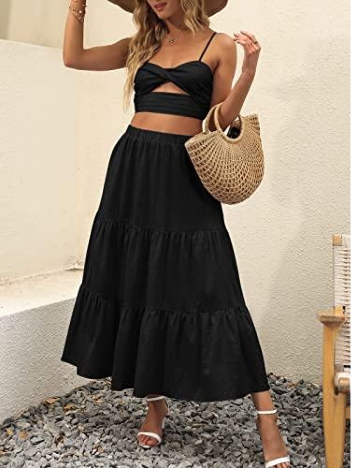 Women’s Summer Boho Elastic Waist Pleated A-Line Flowy Swing Tiered Long Beach Skirt Dress with Pockets 