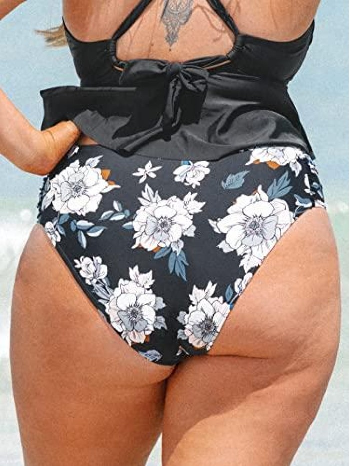 Women Floral Side Shirred Hipster Plus Size Bikini Bottom 