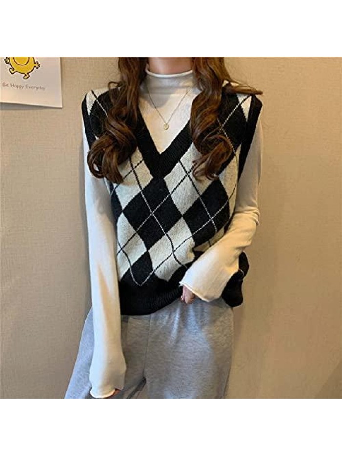 Sleeveless V-Neck Argyle Plaid Knitted Sweater Vest 90s E-Girl Casual Loose Preppy Style Pullover Knitwear Top 