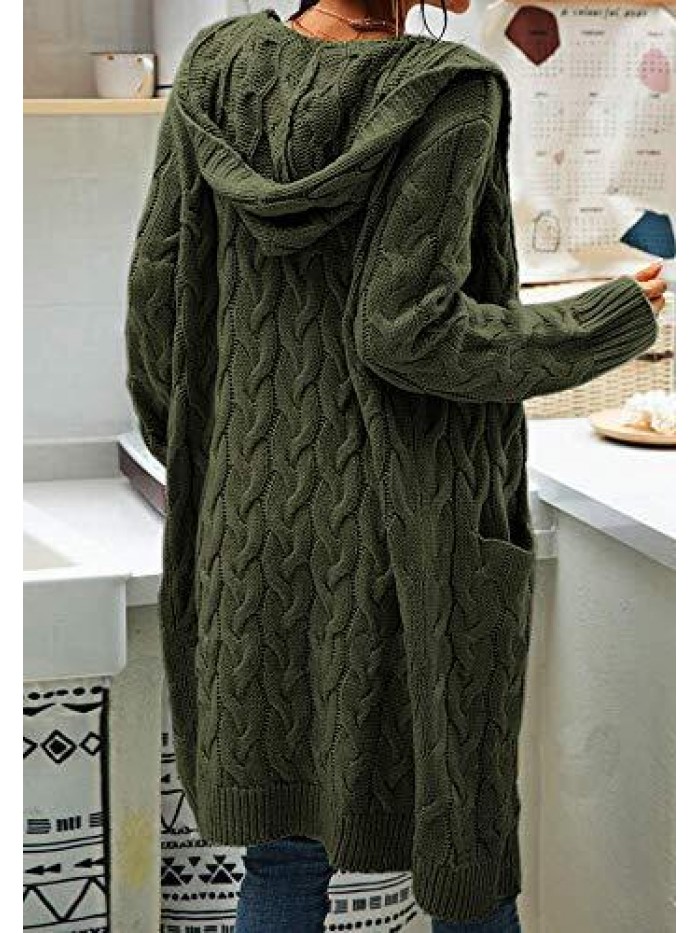 Hooded Open Front Cardigan Cable Knit Sweaters Solid Color Chunky Long Sweater Coats 