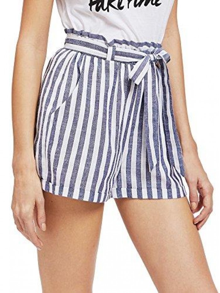 Women's Casual Elastic Waist Striped Summer Beach Shorts 