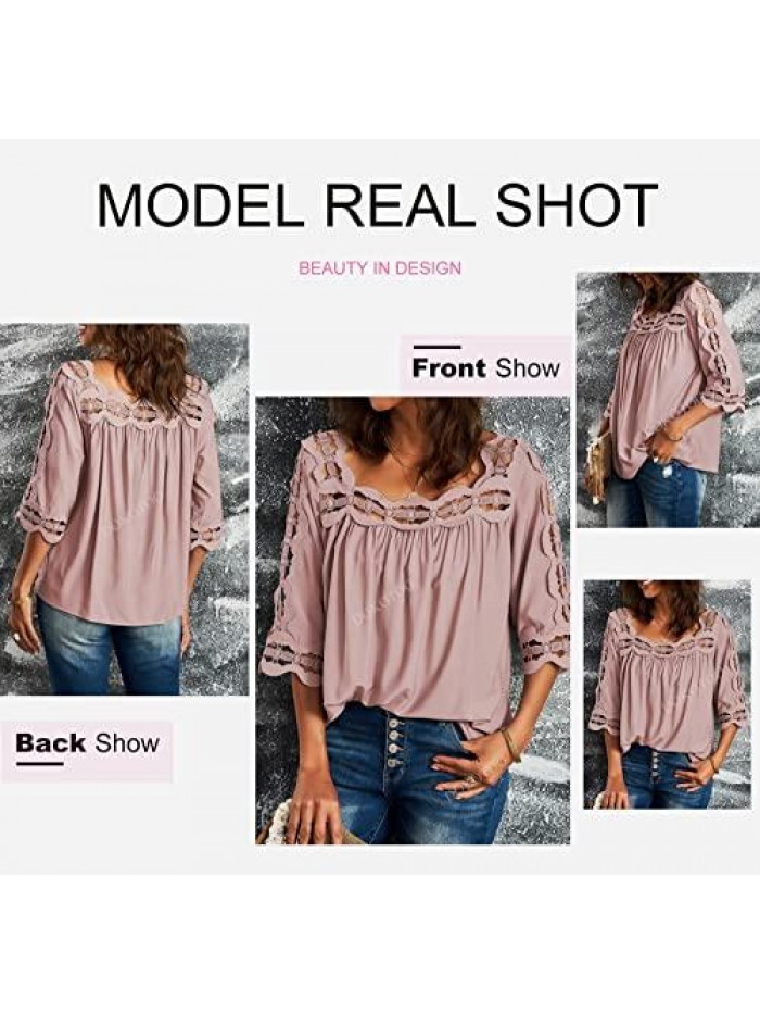 Women 3/4 Sleeve Lace Crochet Tops Blouse Flowy Square Collar Solid Color Shirt Summer 